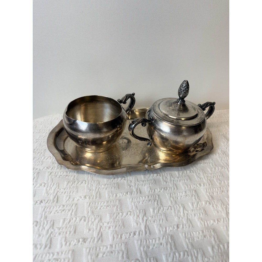 Vintage Silver toned Cream & Sugar With Tray (not Stamped) - Picture 1 of 3